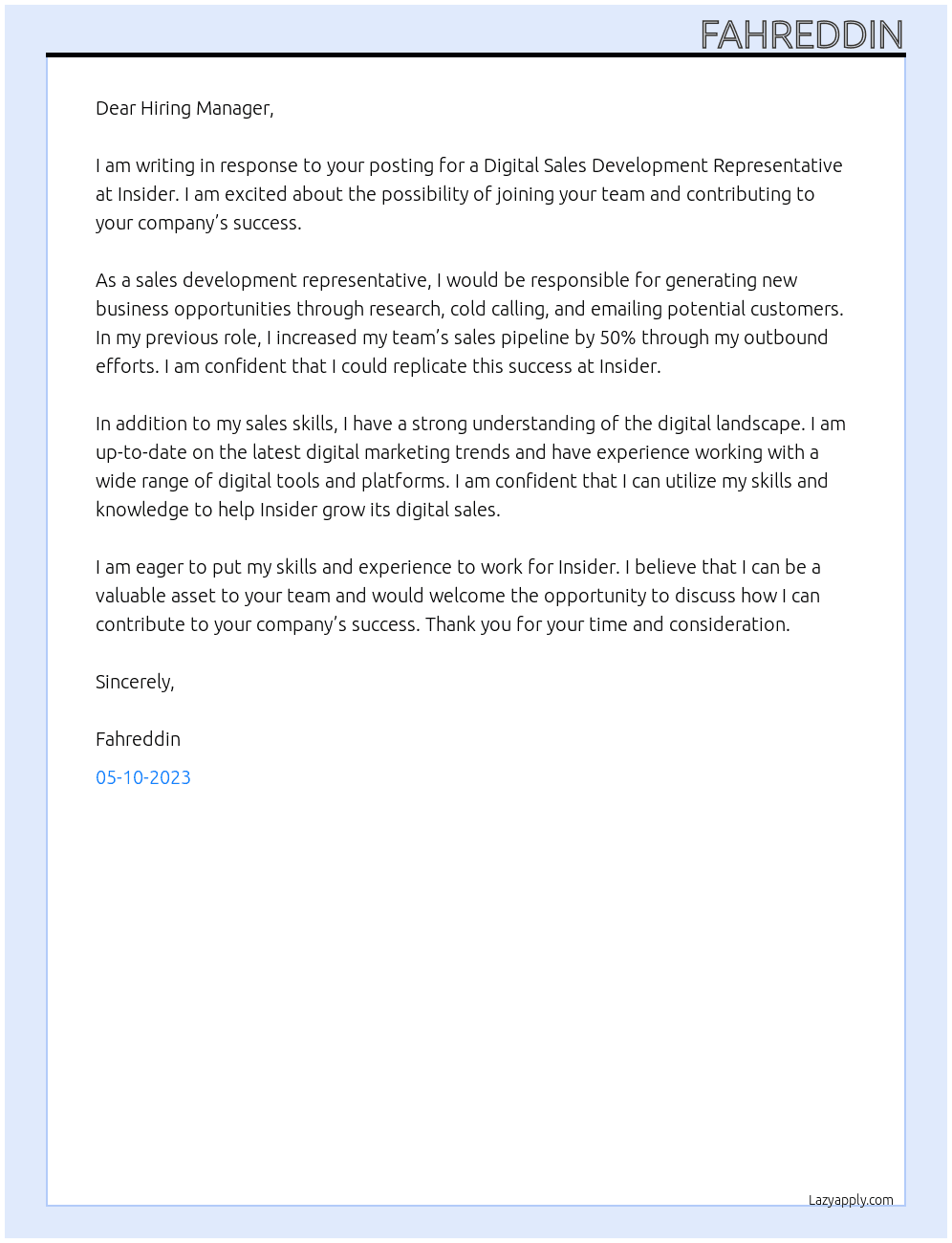 Digital Sales Development Representative At Insider Cover Letter