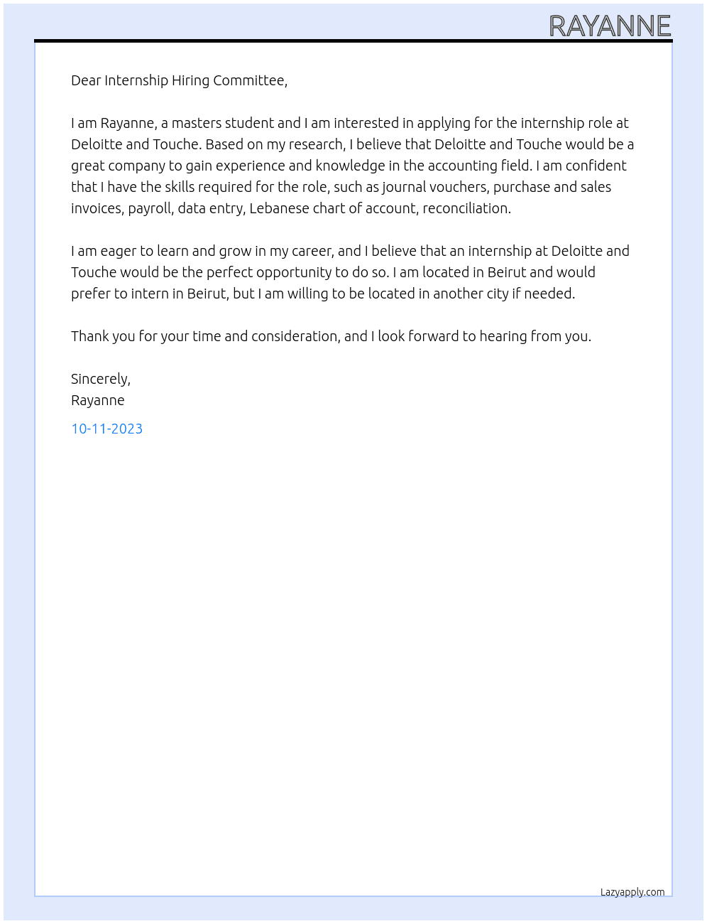 masters student At Deloitte and Touche Cover Letter