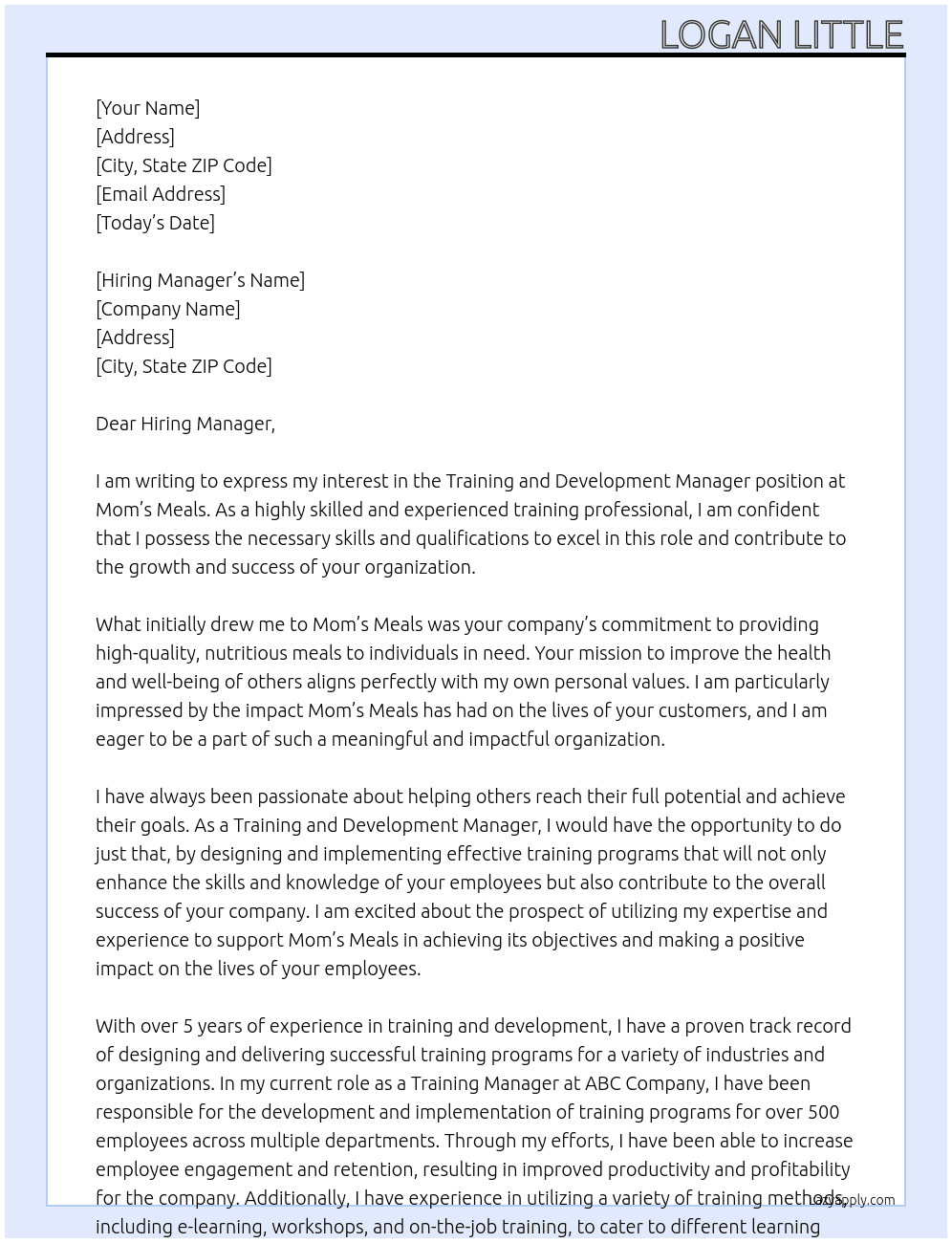 Training and Development Manager At Mom's Meals Cover Letter