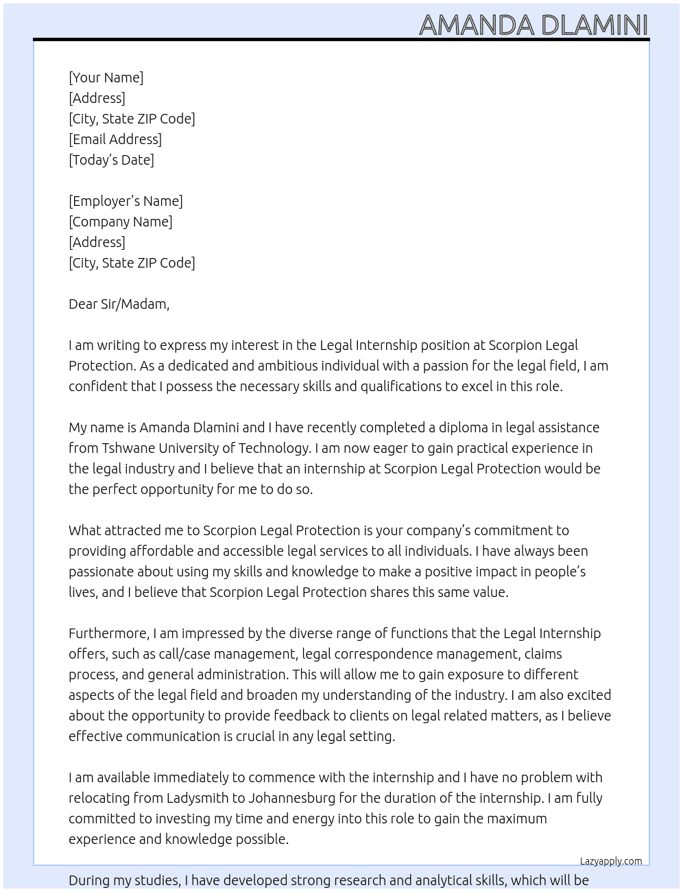 Legal Internship At Scorpion Legal Protection Cover Letter