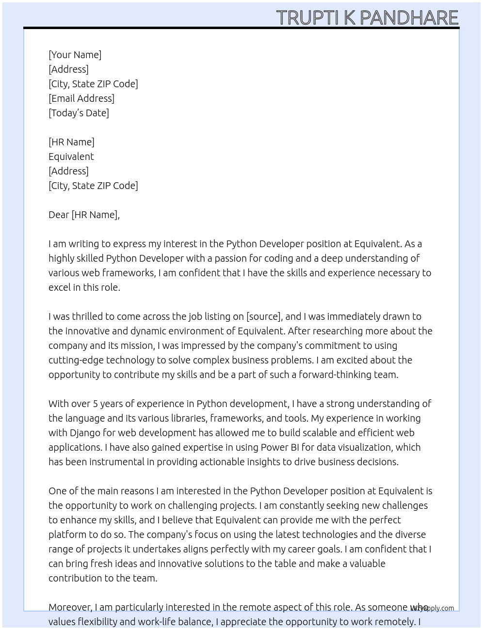 python developer At Equivalent Cover Letter