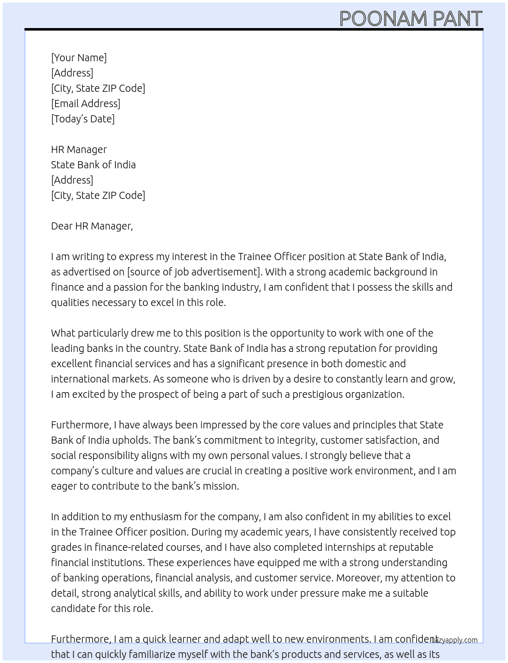 trainee officer At STATE BANK OF INDIA Cover Letter