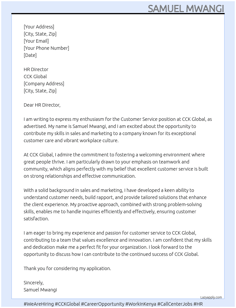  Customer Service position  At CCK Global  Cover Letter