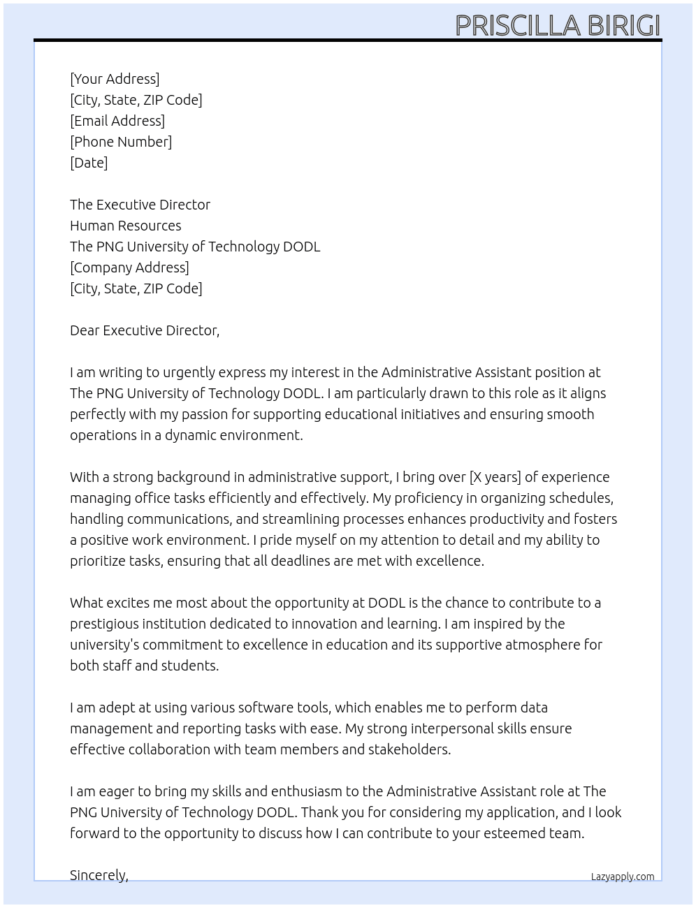 Administrative Assistant  At The PNG University of Technology DODL Cover Letter