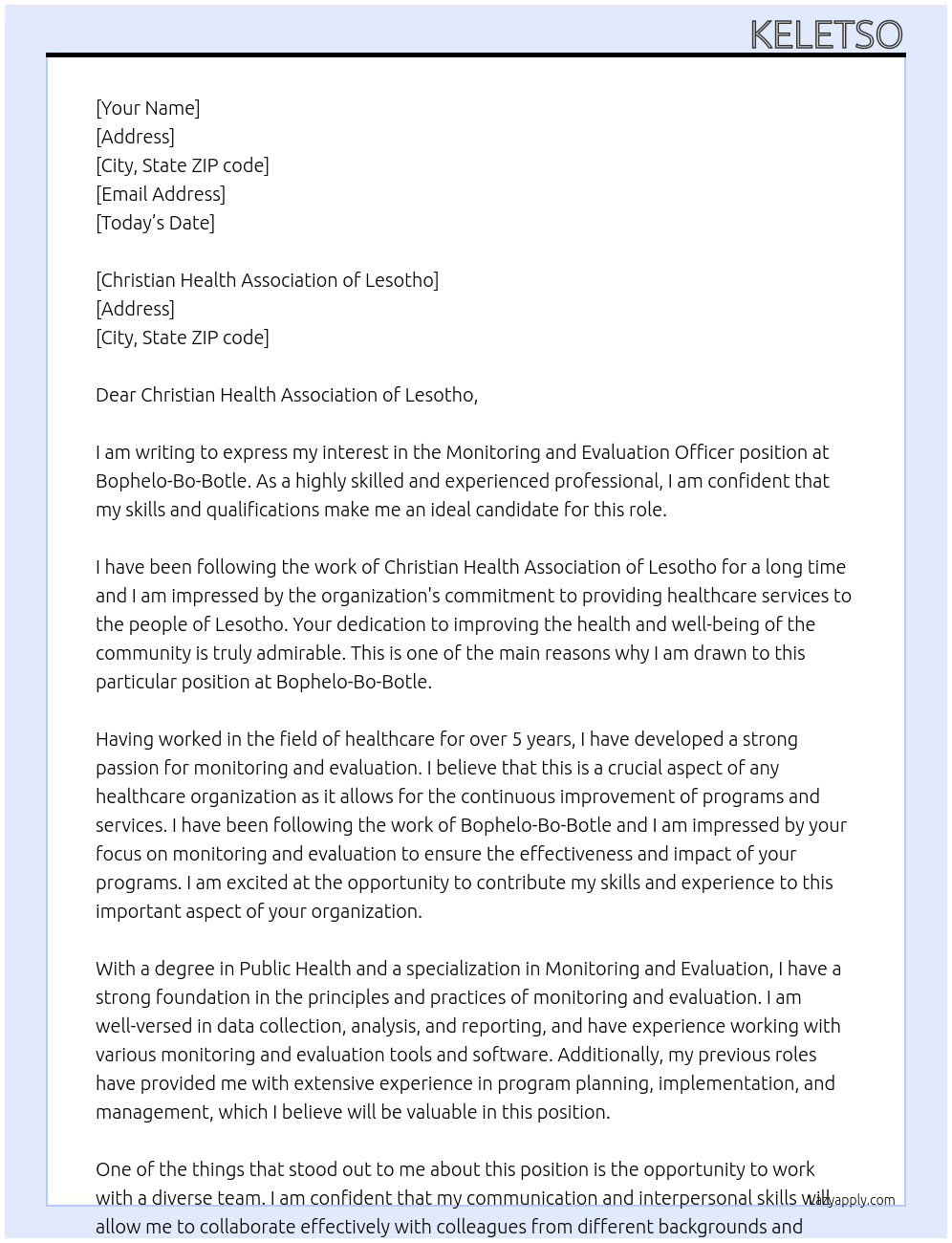 monitoring and evaluation officer At Bophelo-Bo-Botle Cover Letter