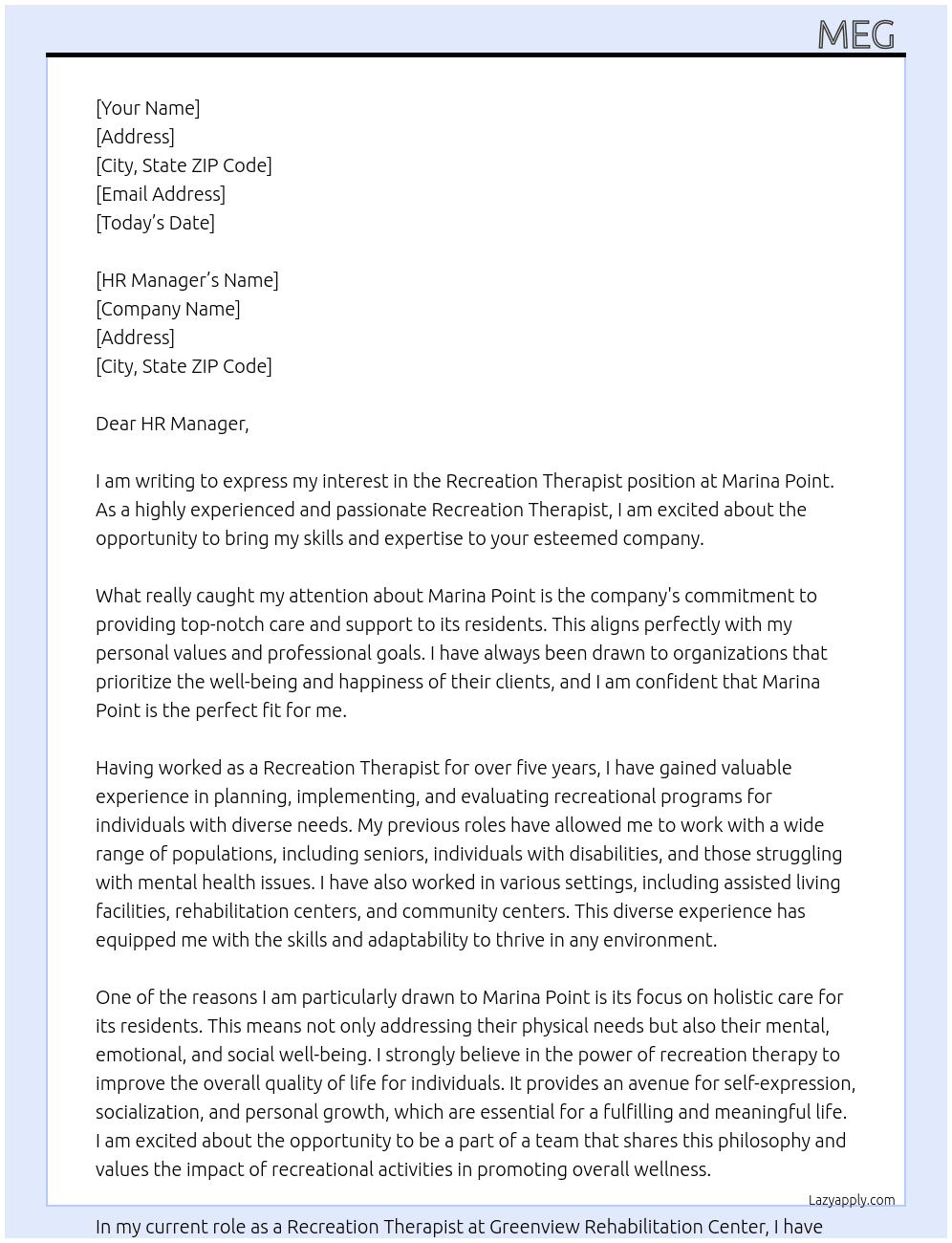 Recreation Therapist  At Marina Point  Cover Letter