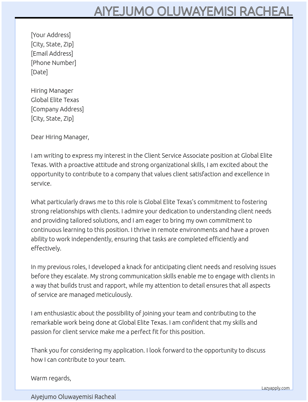 Client service associate  At Global Elite Texas Cover Letter