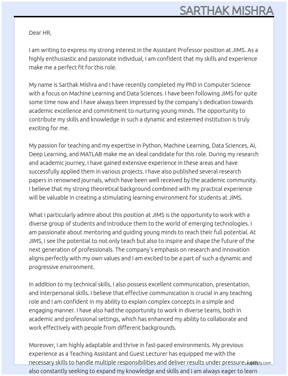 Assistant Professor At JIMS Cover Letter