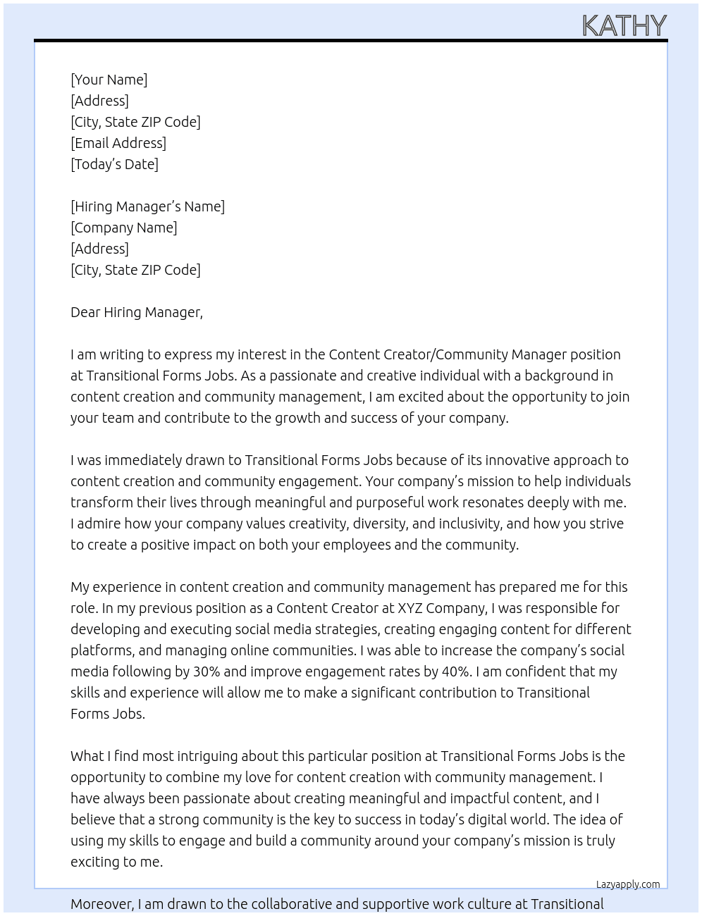Content Creator/Community Manager At Transitional Forms Jobs Cover Letter