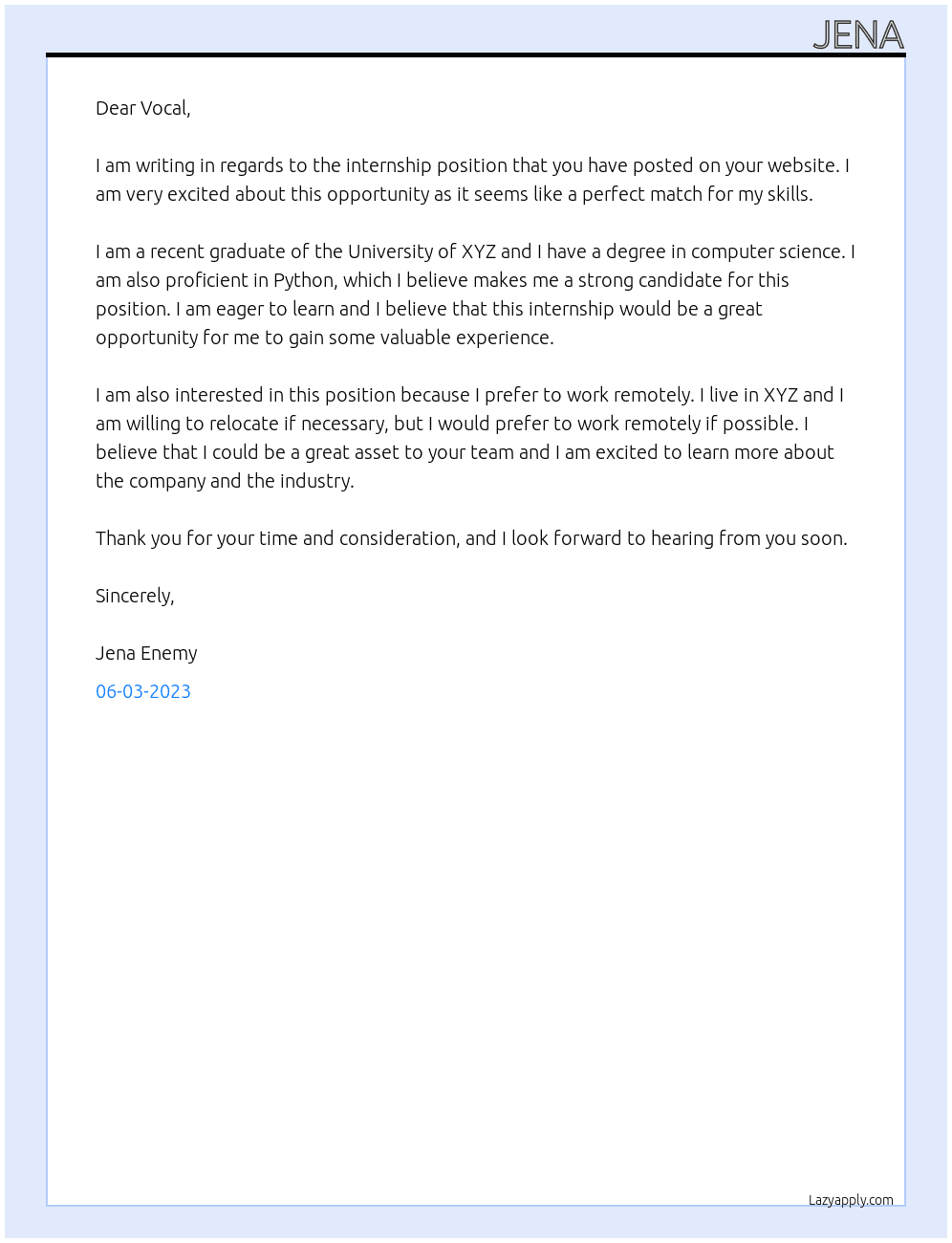 Jennie At Vocal Cover Letter