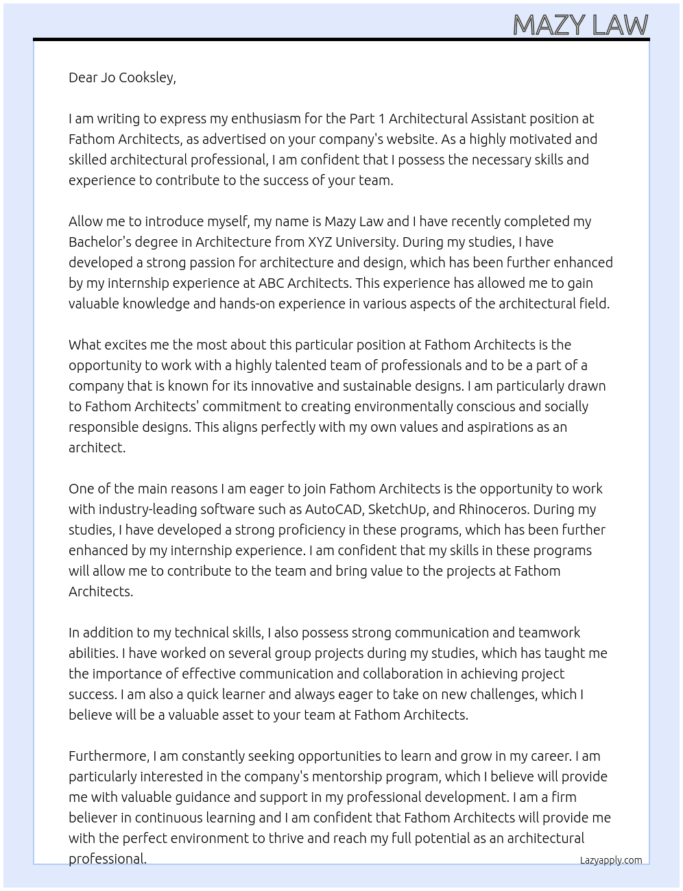 Part 1 architectural assistant At Fathom Architects Cover Letter