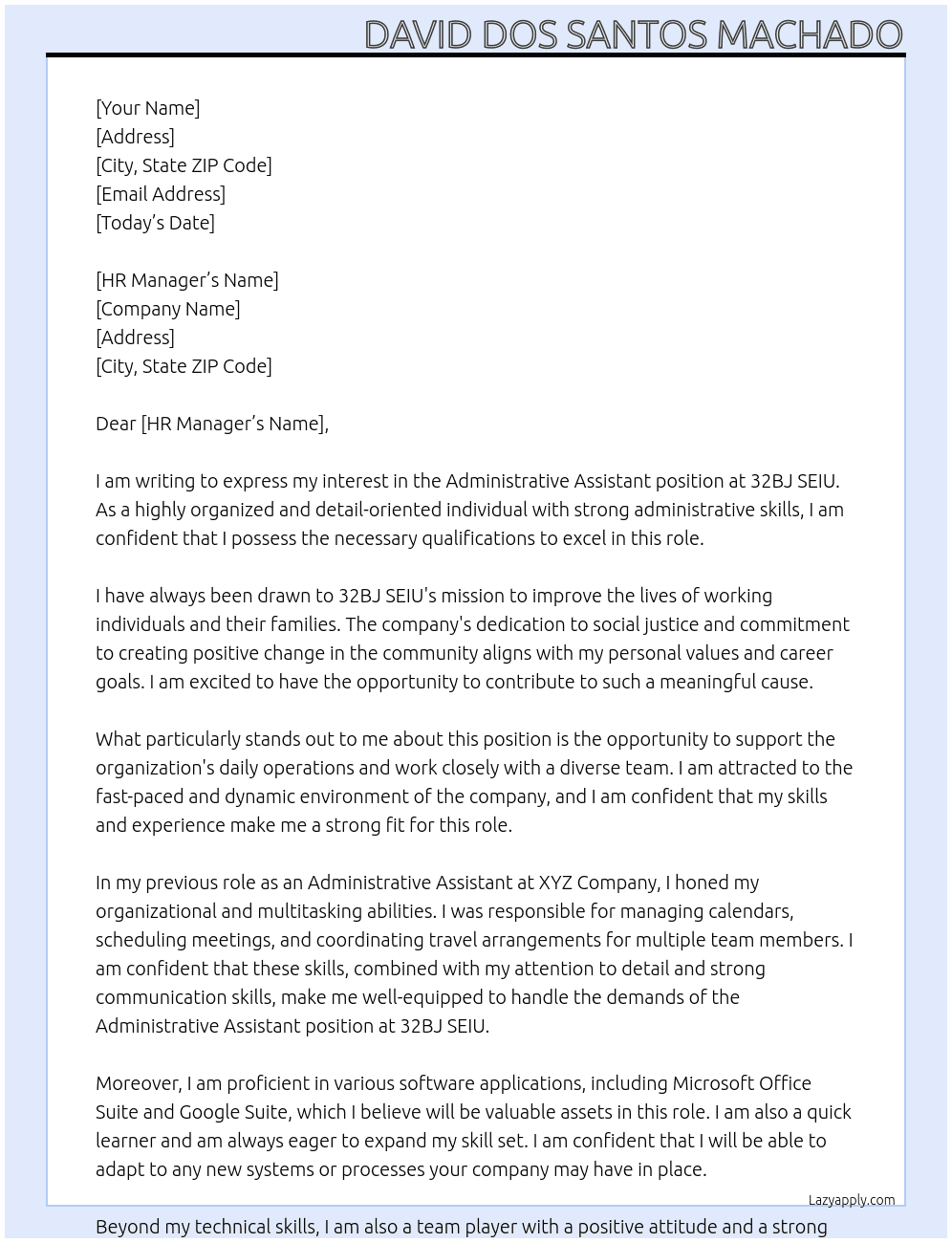 Administrative Assistant At 32BJ SEIU Cover Letter