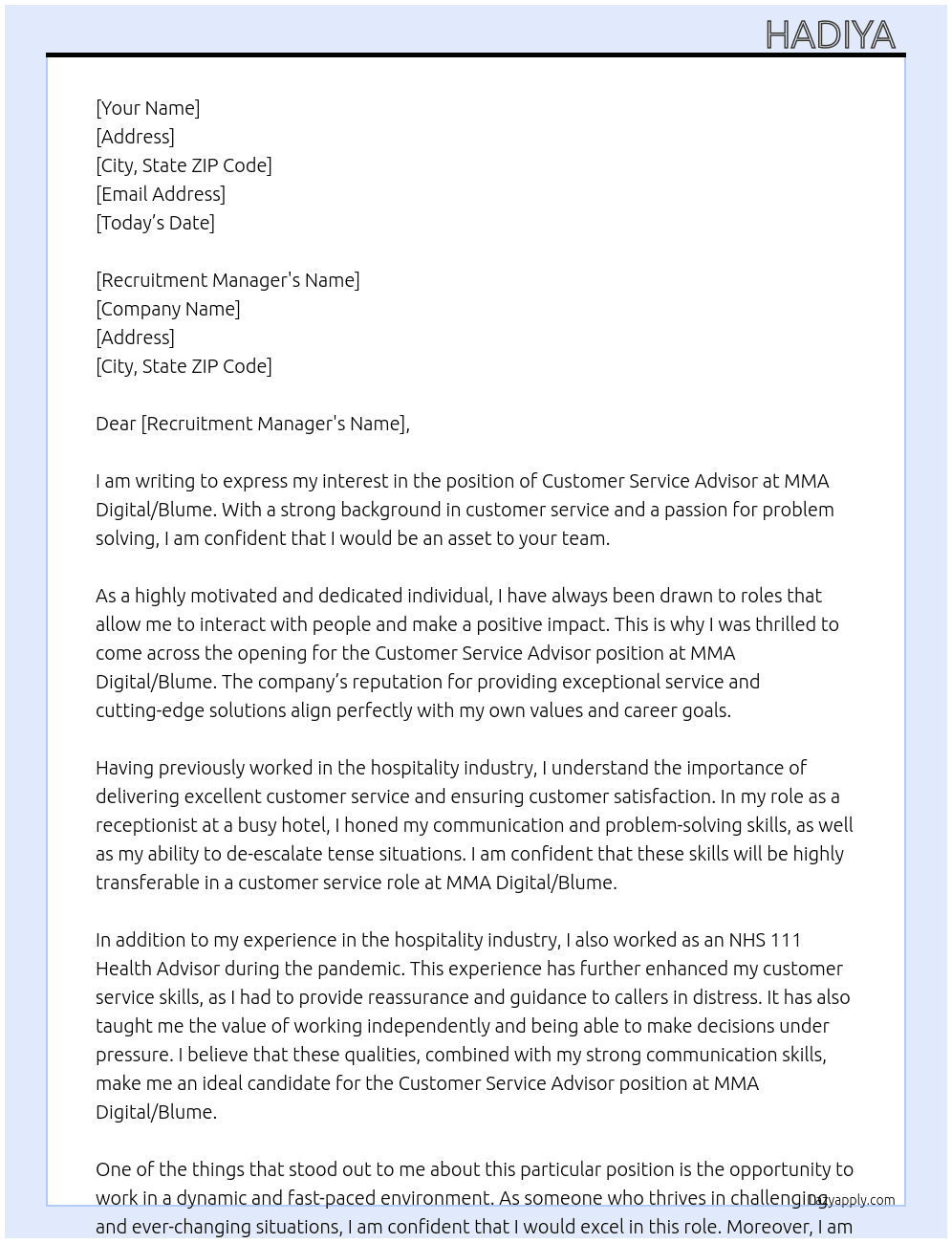 customer service advisor  At MMA Digtal/Blume Cover Letter