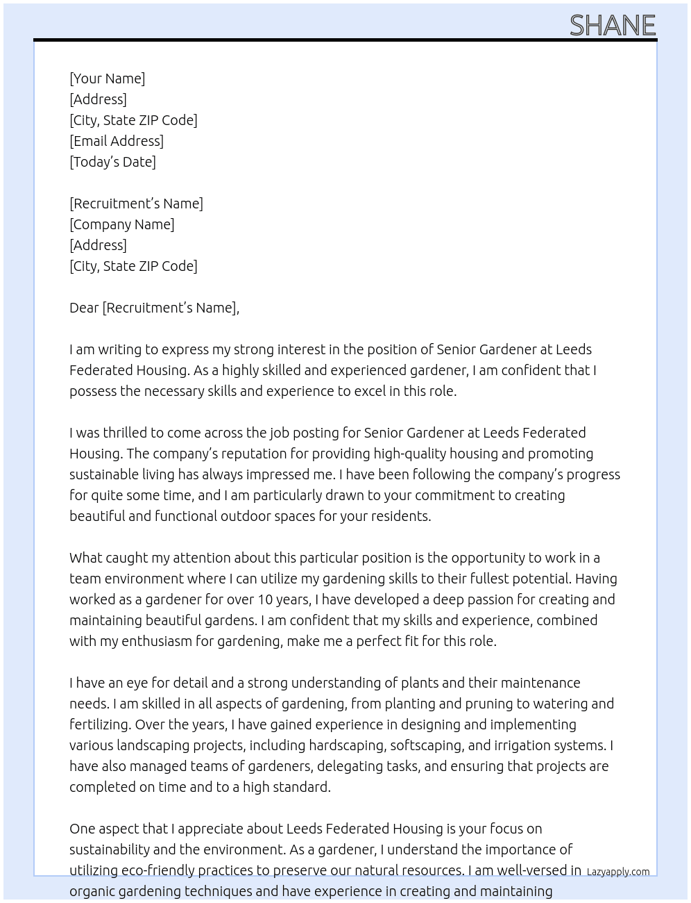 Senior gardener At Leeds federated housing Cover Letter
