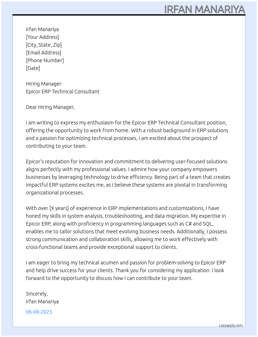 Work From Home At Epicor ERP Technical Consultant Cover Letter