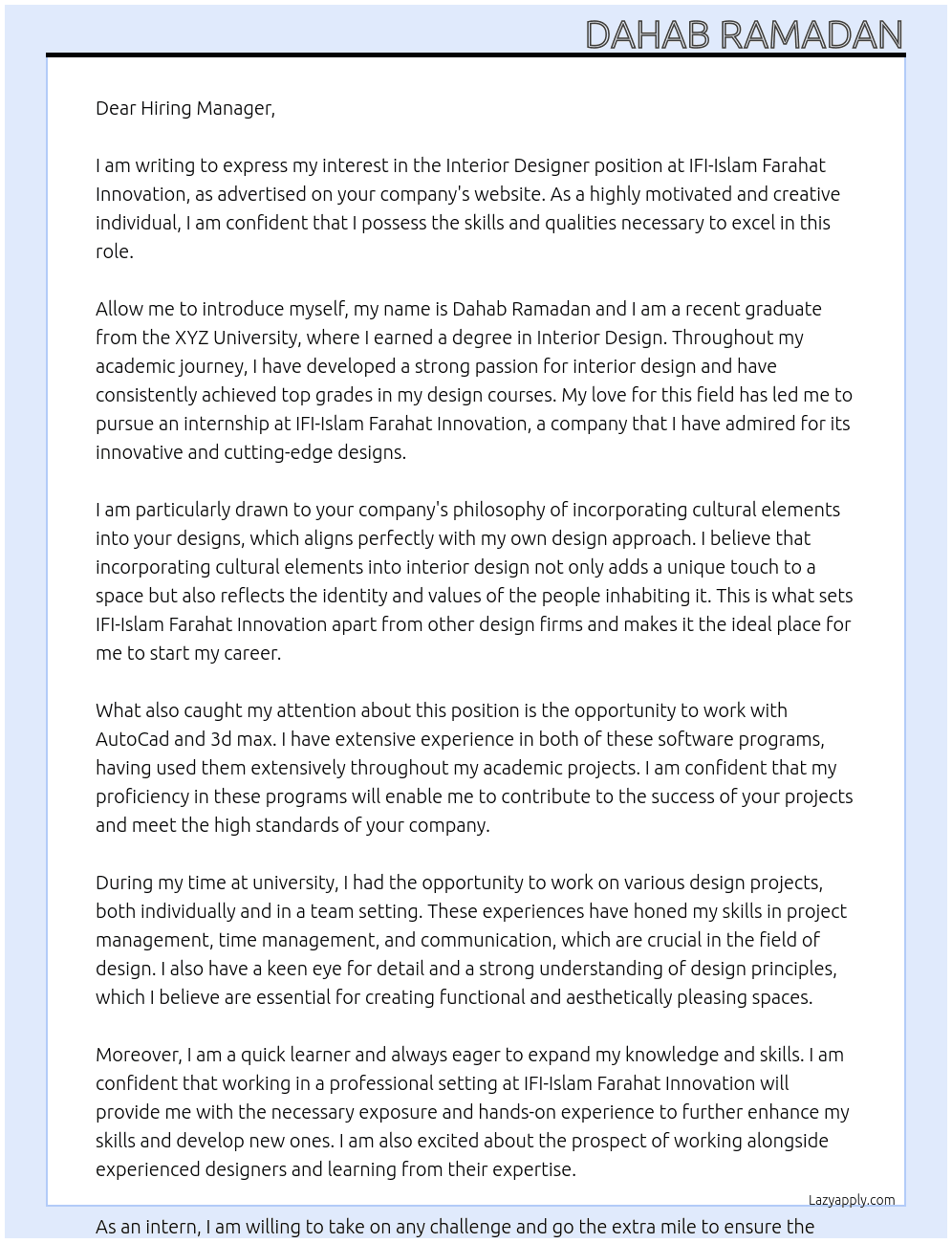 Interior designer At IFI-Islam Farahat Innovation Cover Letter