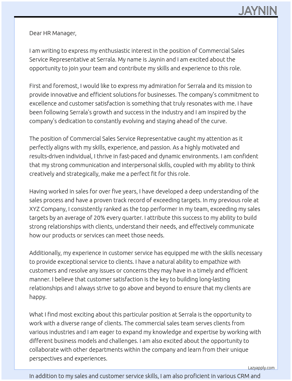 Commercial Sales Service Representative At Serrala Cover Letter