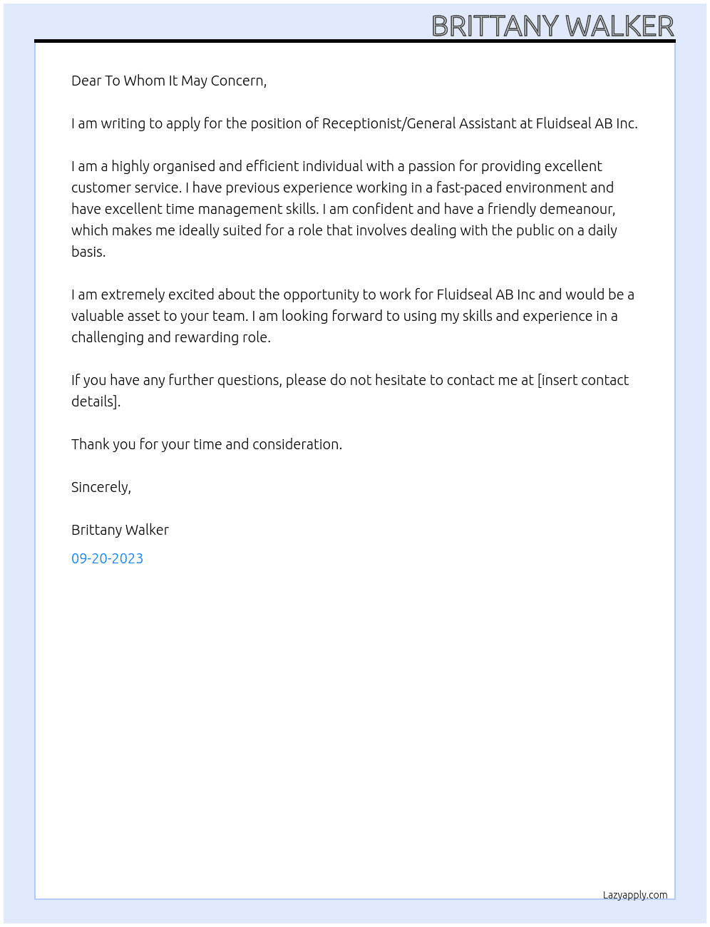 Receptionist/General Assistant  At Fluidseal AB Inc Cover Letter
