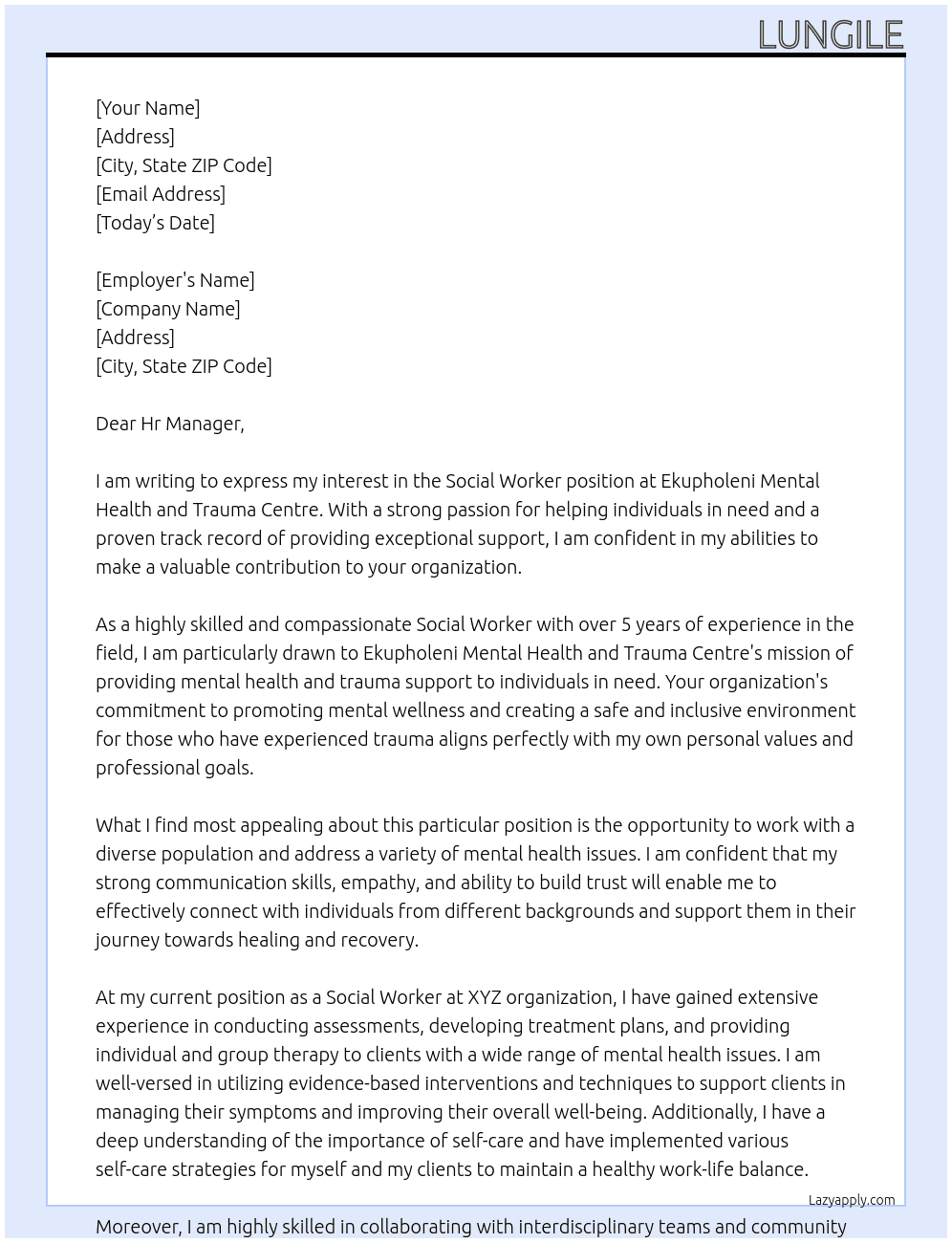 SOCIAL WORKER  At Ekupholeni Mental Health and Trauma Centre Cover Letter