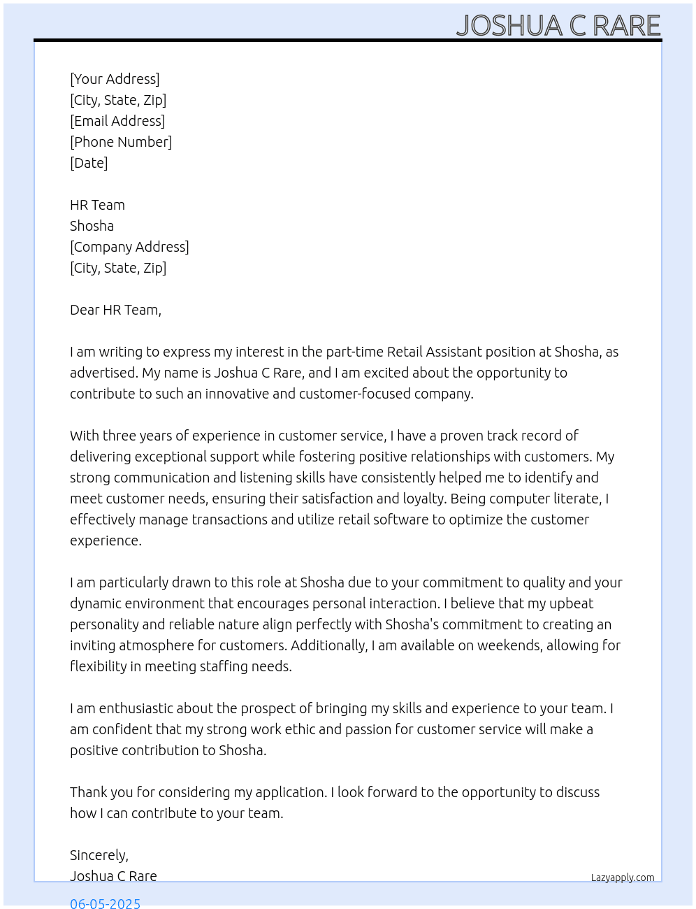 Retail Assistant  At Shosha Cover Letter