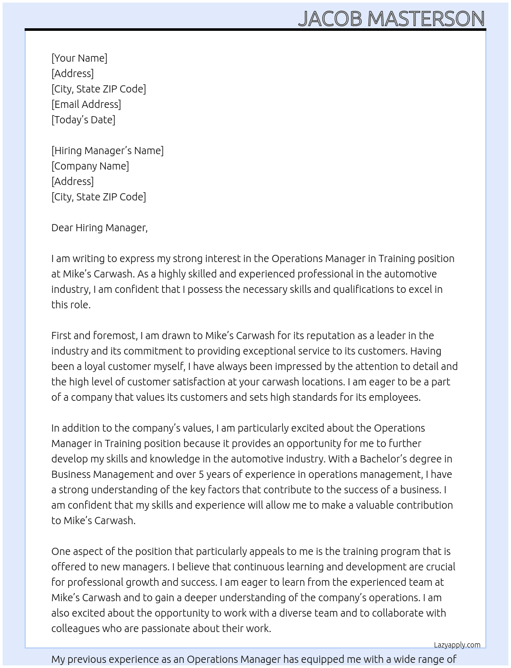 Operations Manager in Training At Mike’s Carwash Cover Letter