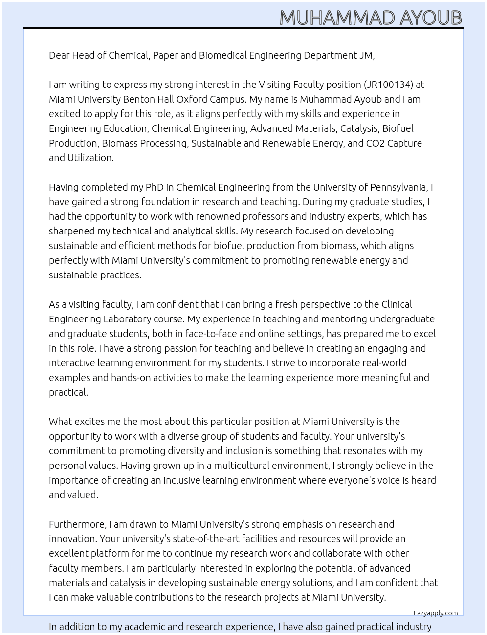 Visiting Faculty JR100134 At Miami University Benton Hall Oxford Campus Cover Letter