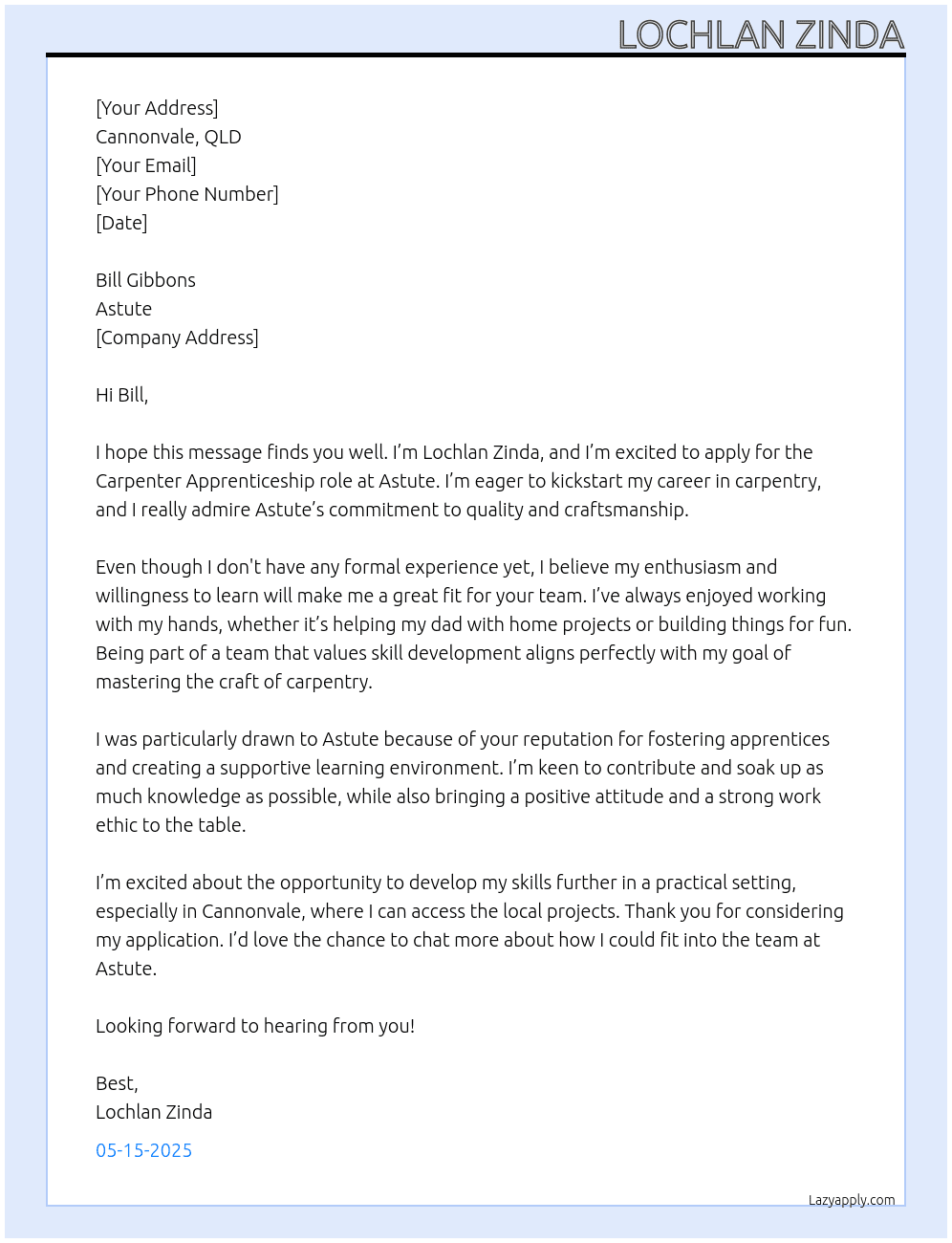 Carpenter At Astute Cover Letter