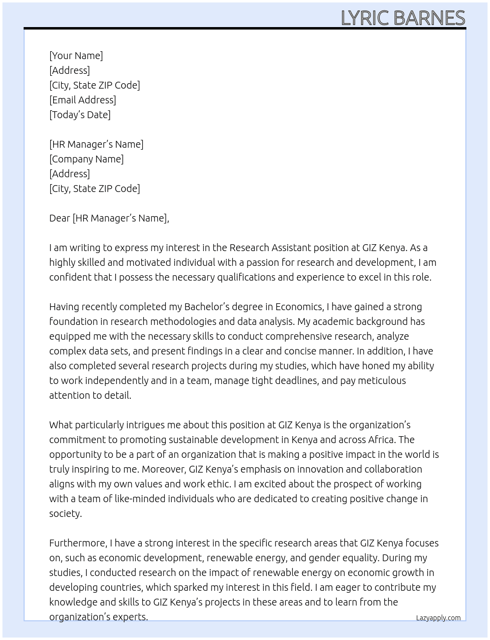 research assistant At GIZ kenya  Cover Letter