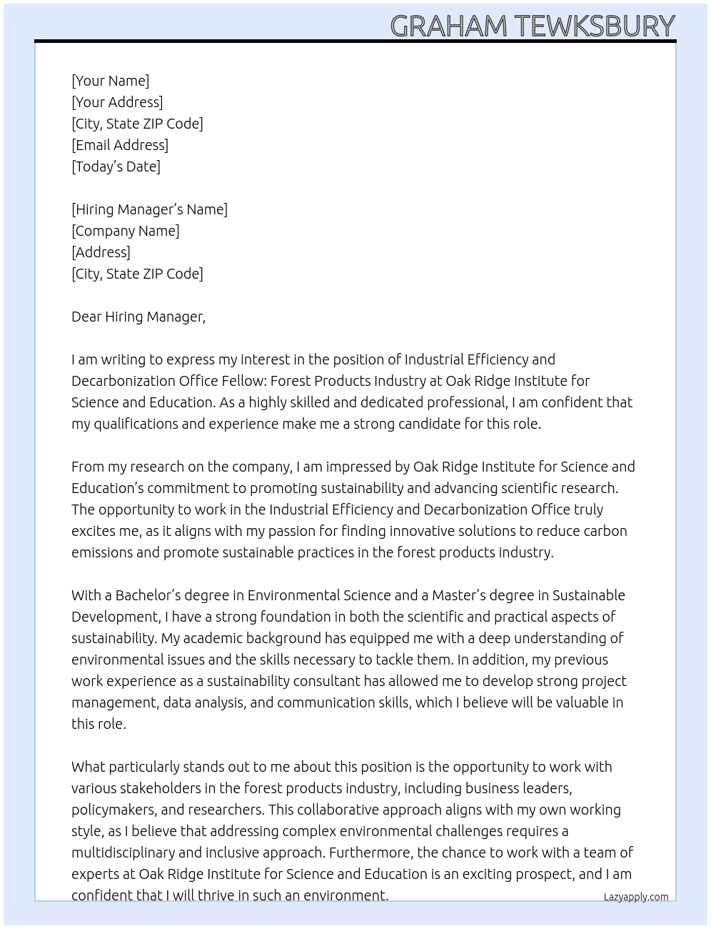 Industrial Efficiency and Decarbonization Office Fellow: Forest Products Industry At Oak Ridge Institute for Science and Education Cover Letter