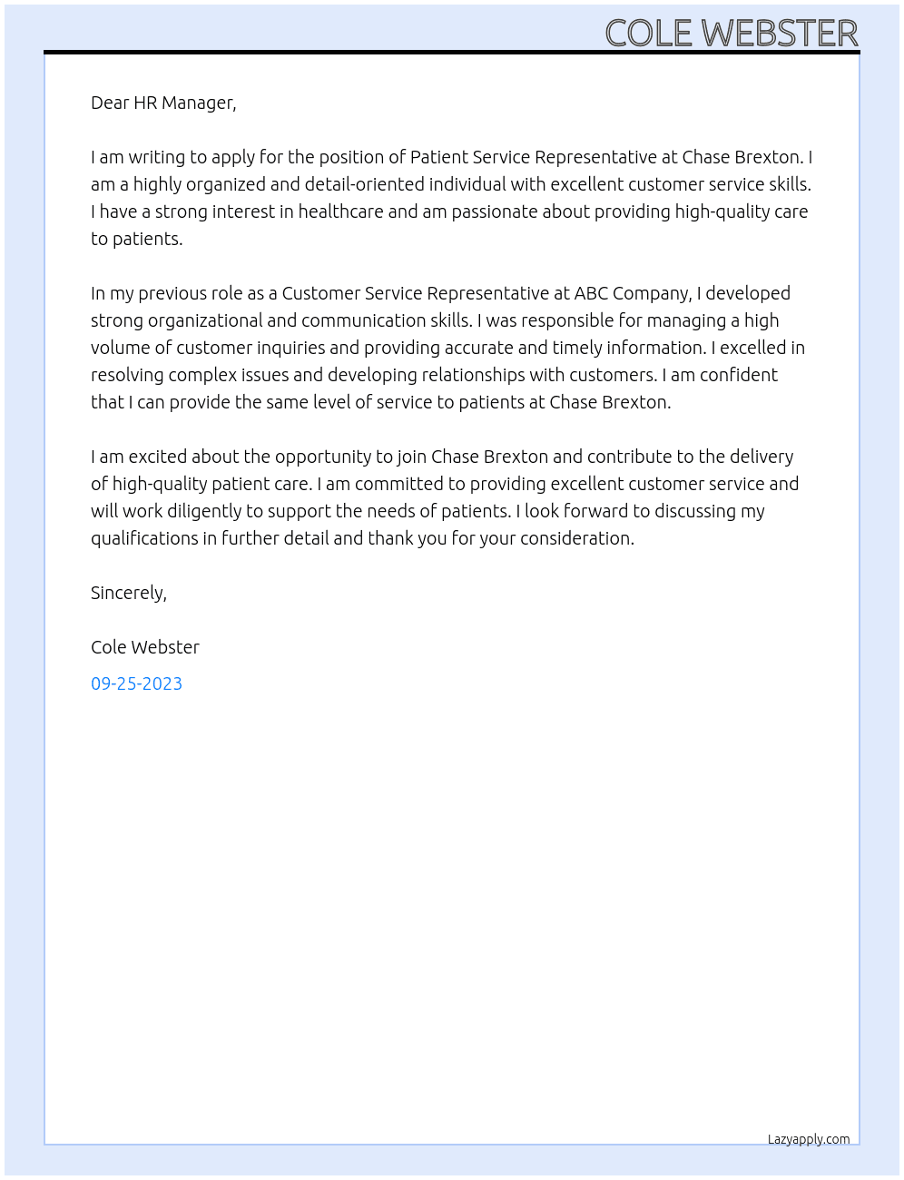 Patient Service Representative  At Chase Brexton Cover Letter