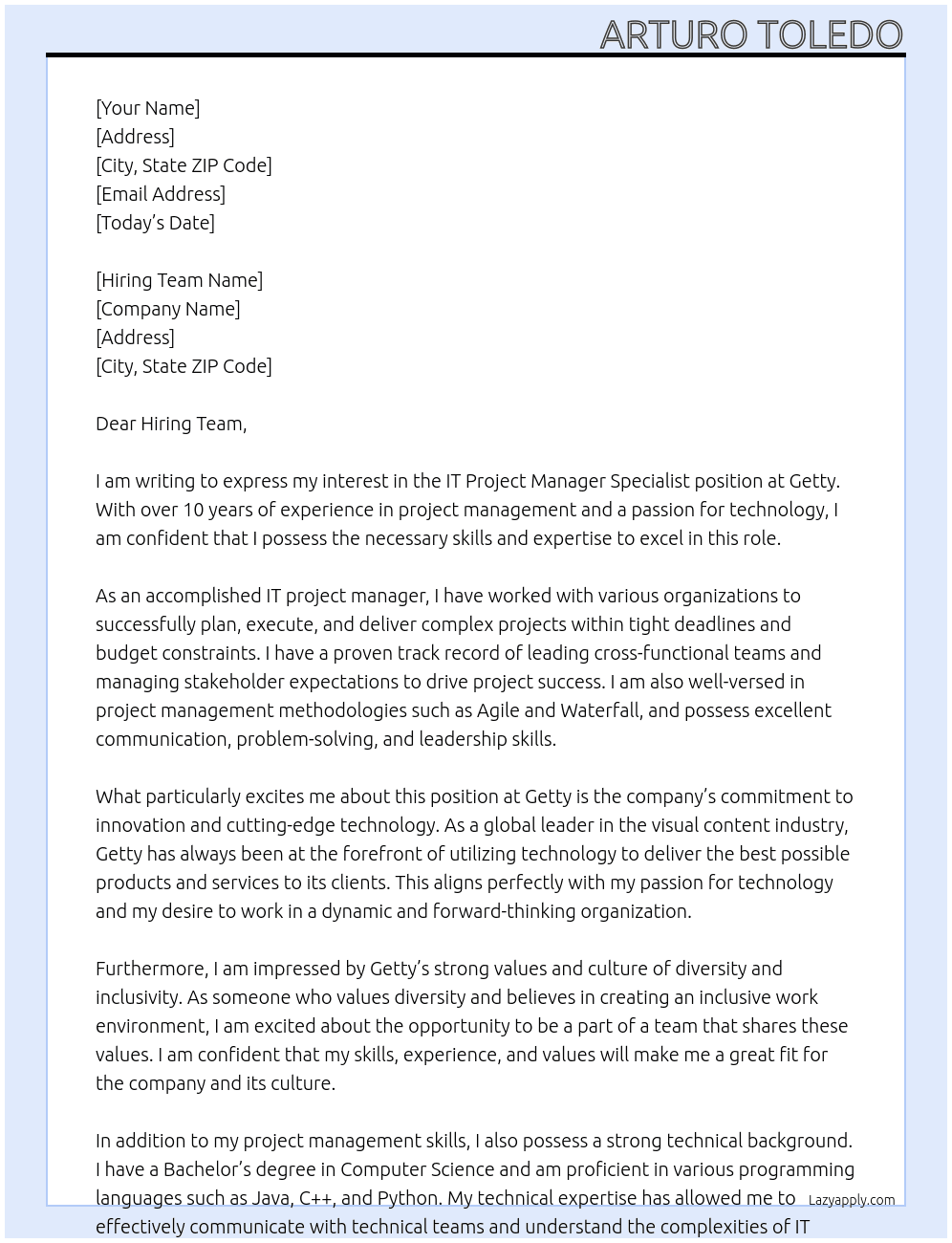IT Project Manager Specialist At Getty Cover Letter