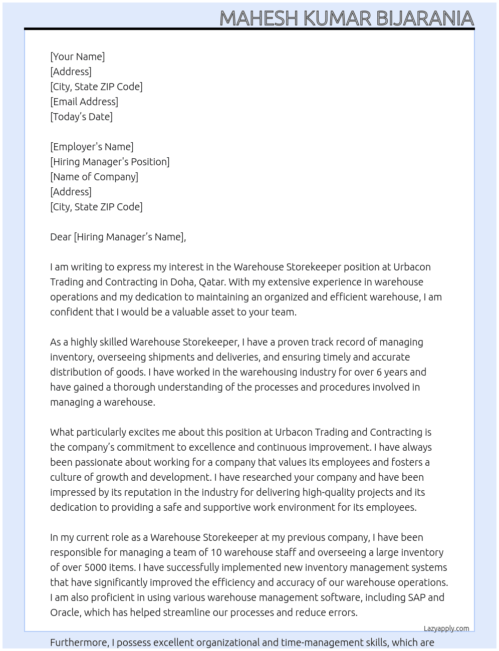 Warehouse Storekeeper At Urbacon Trading and ontracting- Doha Qtar Cover Letter