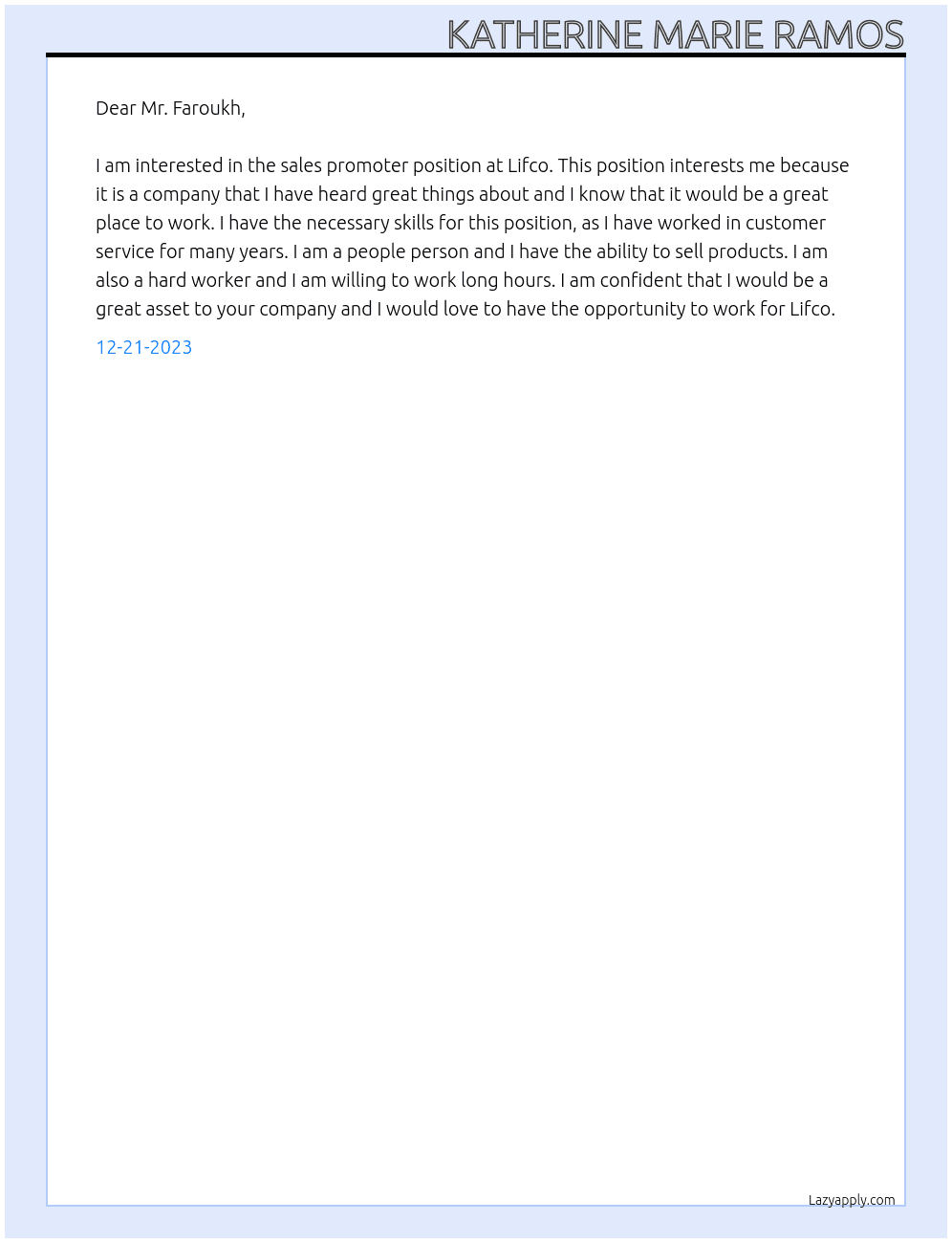 sales promoter At Lifco Cover Letter