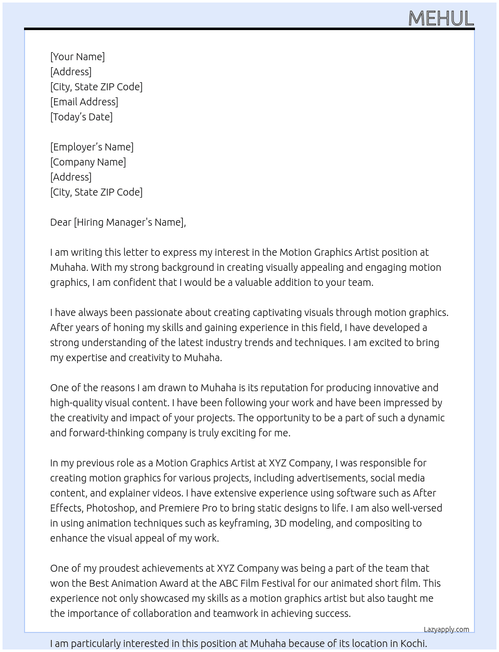 Motion graphics Artist At Muhaha Cover Letter
