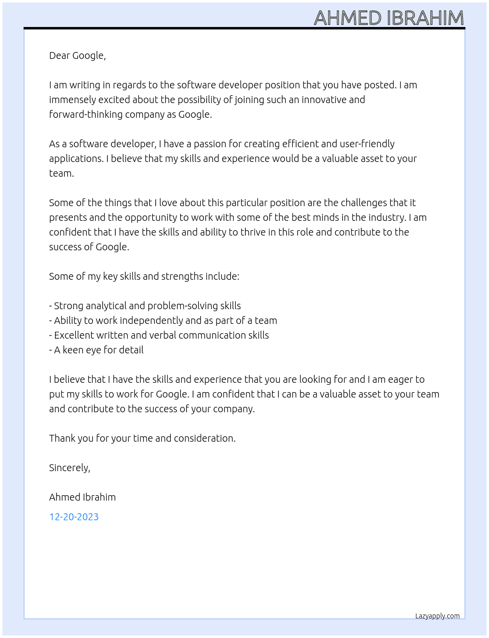 software developer At googel Cover Letter