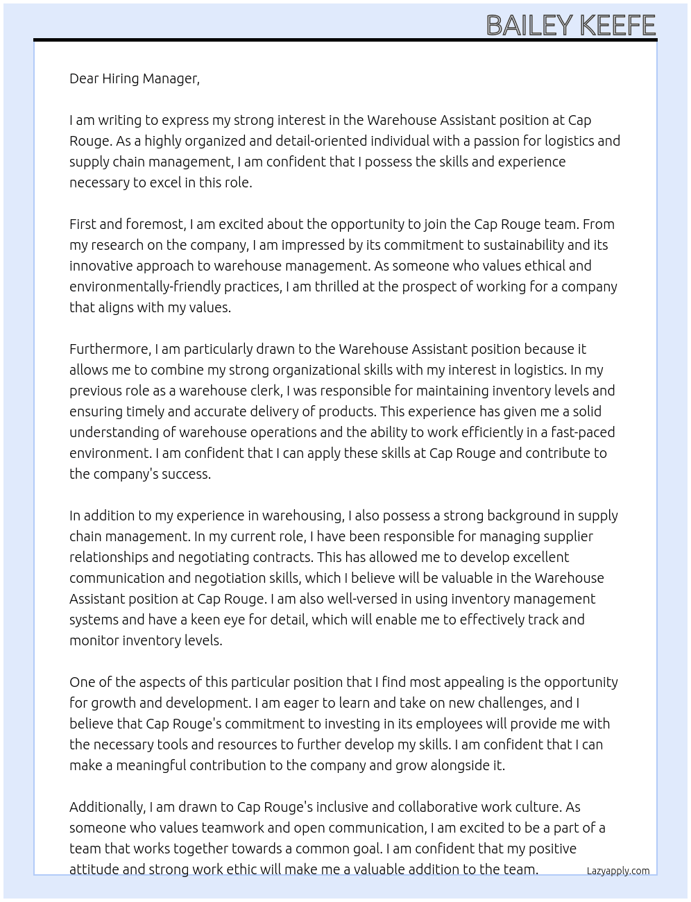 Warehouse Assistant At Cap Rouge Cover Letter