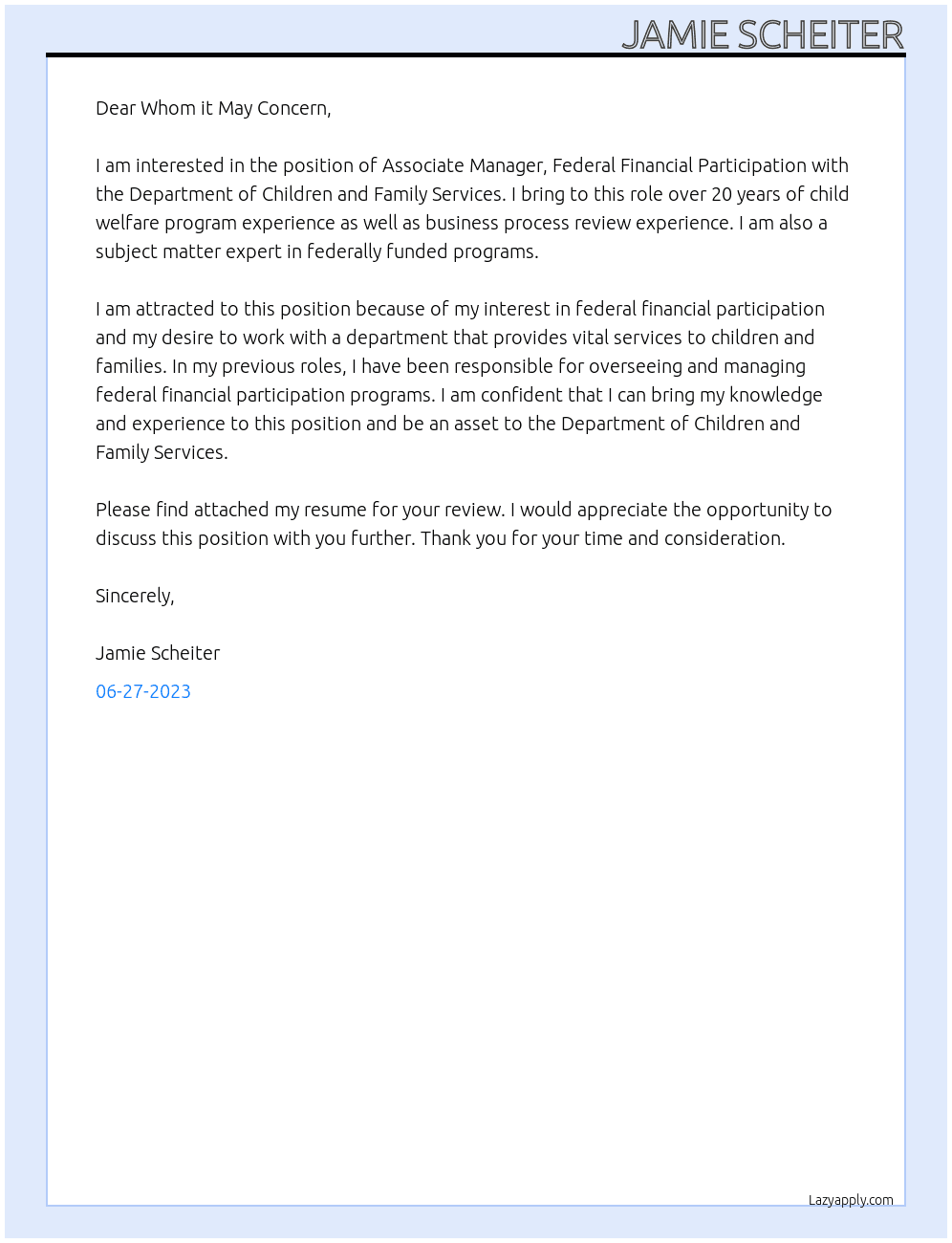 ASSOCIATE MANAGER, FEDERAL FINANCIAL PARTICIPATION At Department of Children and Family Services Cover Letter