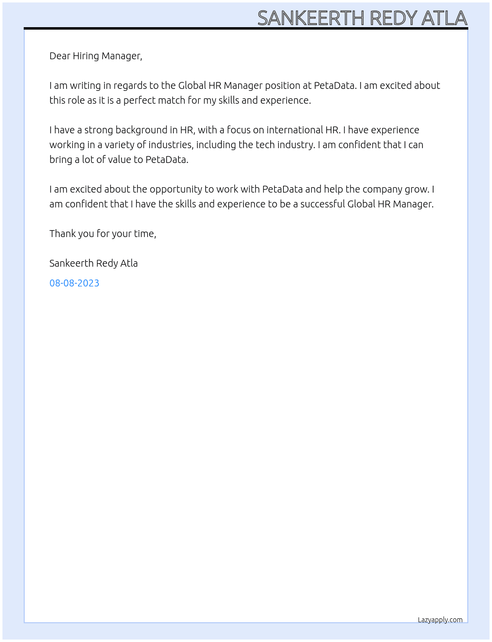 Global HR Manager At PetaData Cover Letter