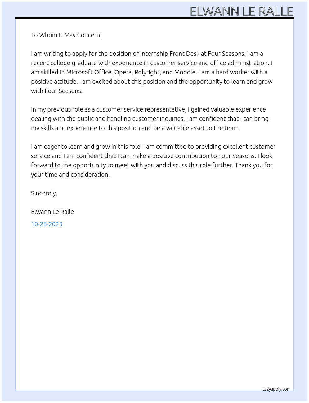 Internship front desk  At Four season Cover Letter