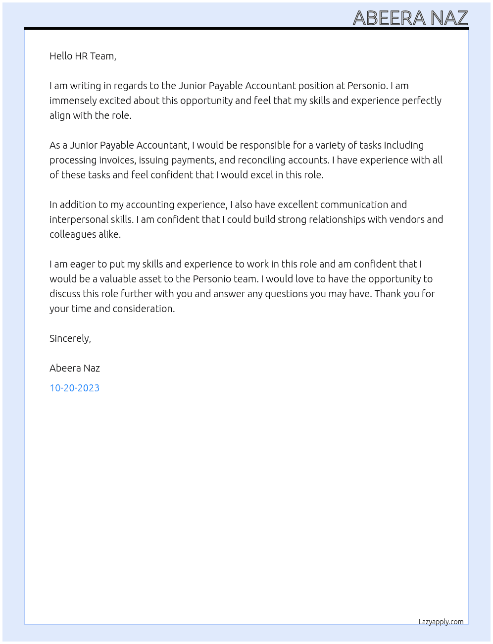 Junior Payable Accountant At Personio Cover Letter