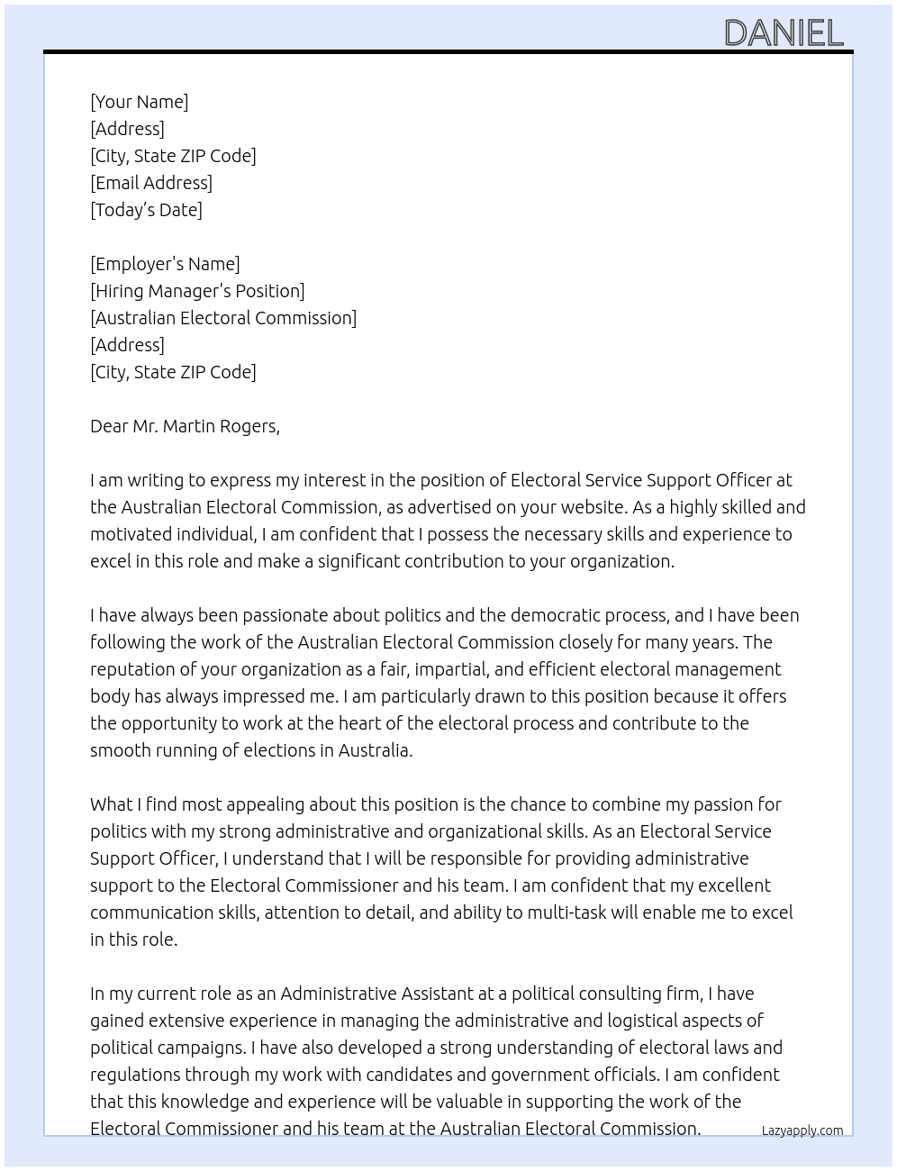 Electoral Service Support Officer At Australian Electoral Commission Cover Letter