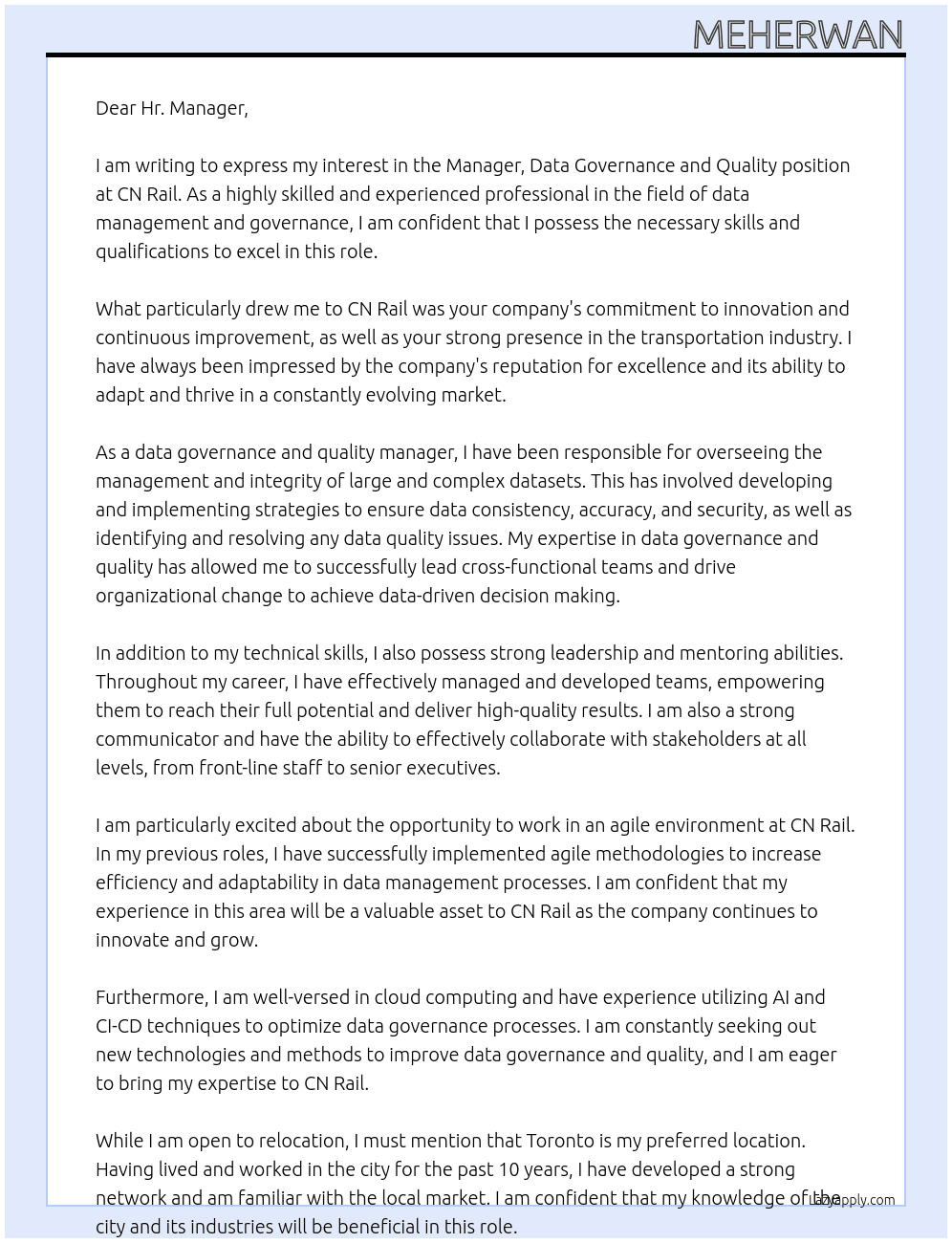 Manager, Data Governance And Quality At CN Rail Cover Letter