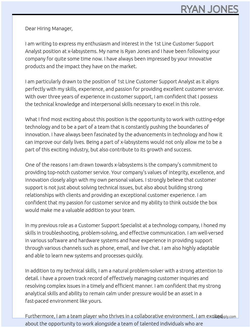 1st Line Customer Support Analyst At x-labsystems Cover Letter