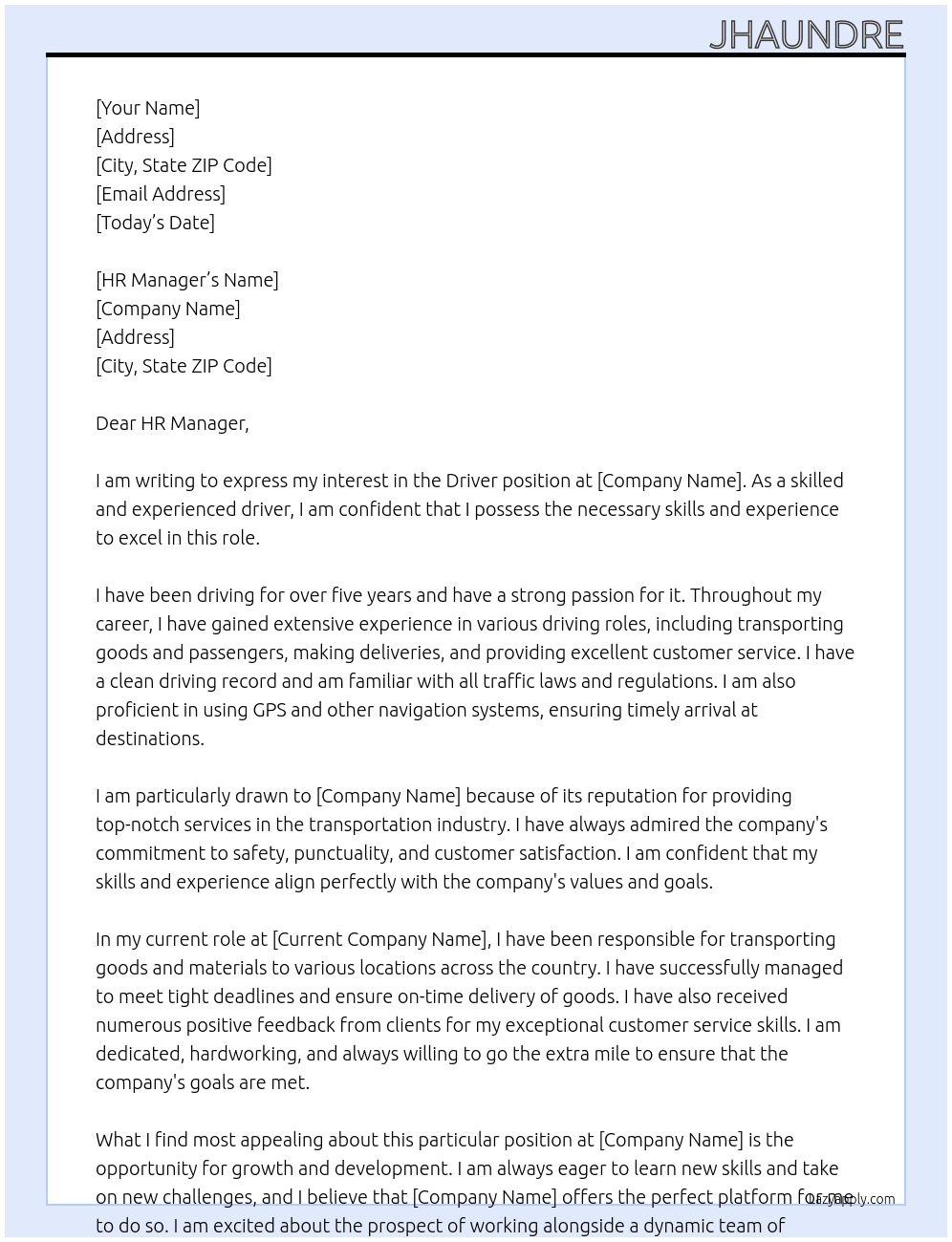 DRIVER  At VARIOUS  Cover Letter