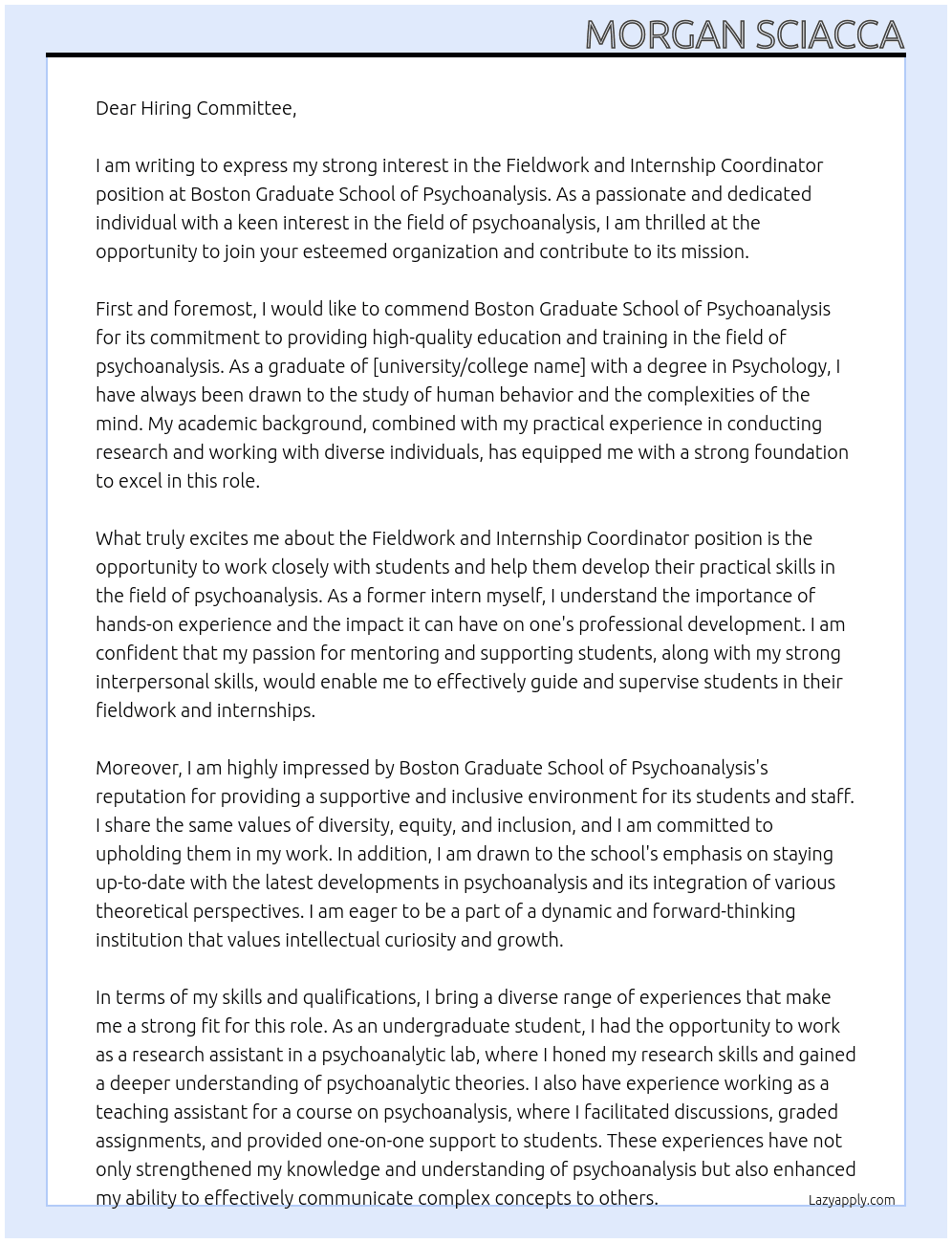 Fieldwork and Internship Coordinator At Boston Graduate School of Psychoanalysis Cover Letter