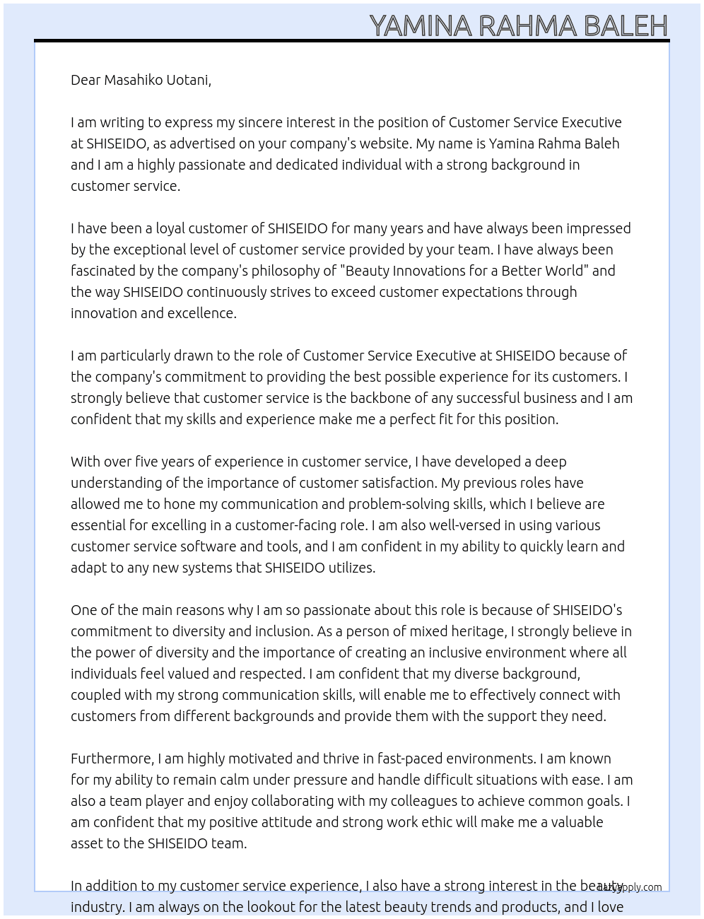 CUSTOMER SERVICE EXECUTIVE At SHISEIDO Cover Letter