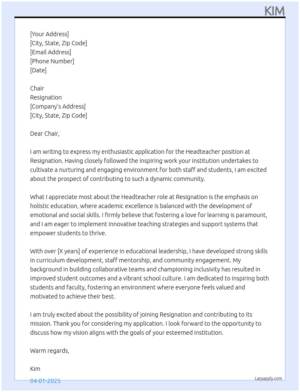 Cover letter for headteacher - LazyApply
