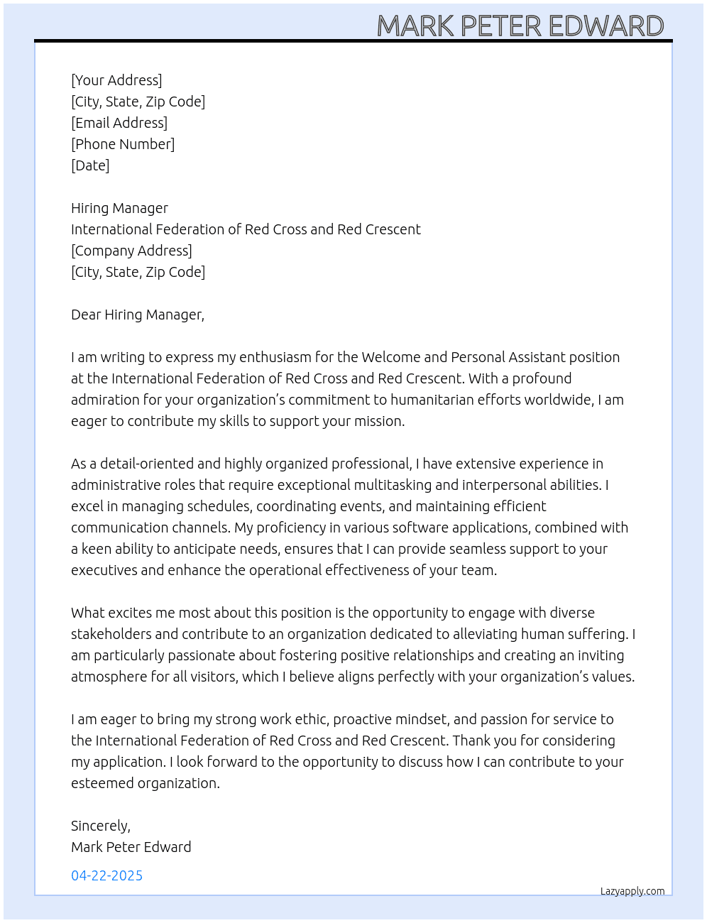 Cover letter for welcome and personal assistant - LazyApply