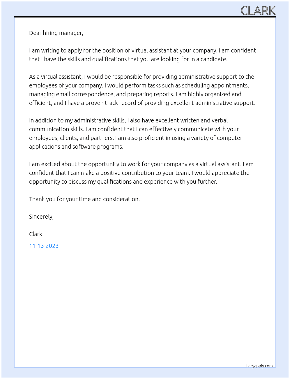 Virtual assistant At job position Cover Letter