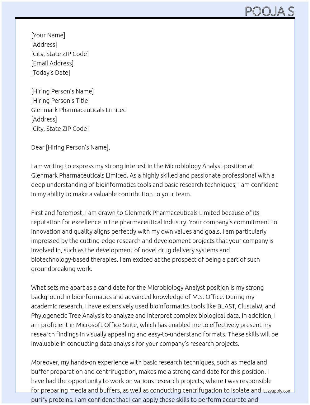 Microbiology analyst At Glenmark pharmaceuticals limited Cover Letter
